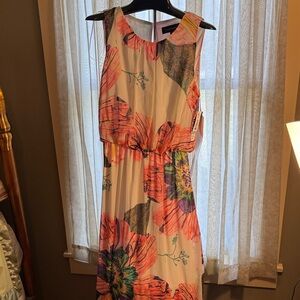 R & M Richards White Maxi Dress with Coral, Purple & Green Floral Print